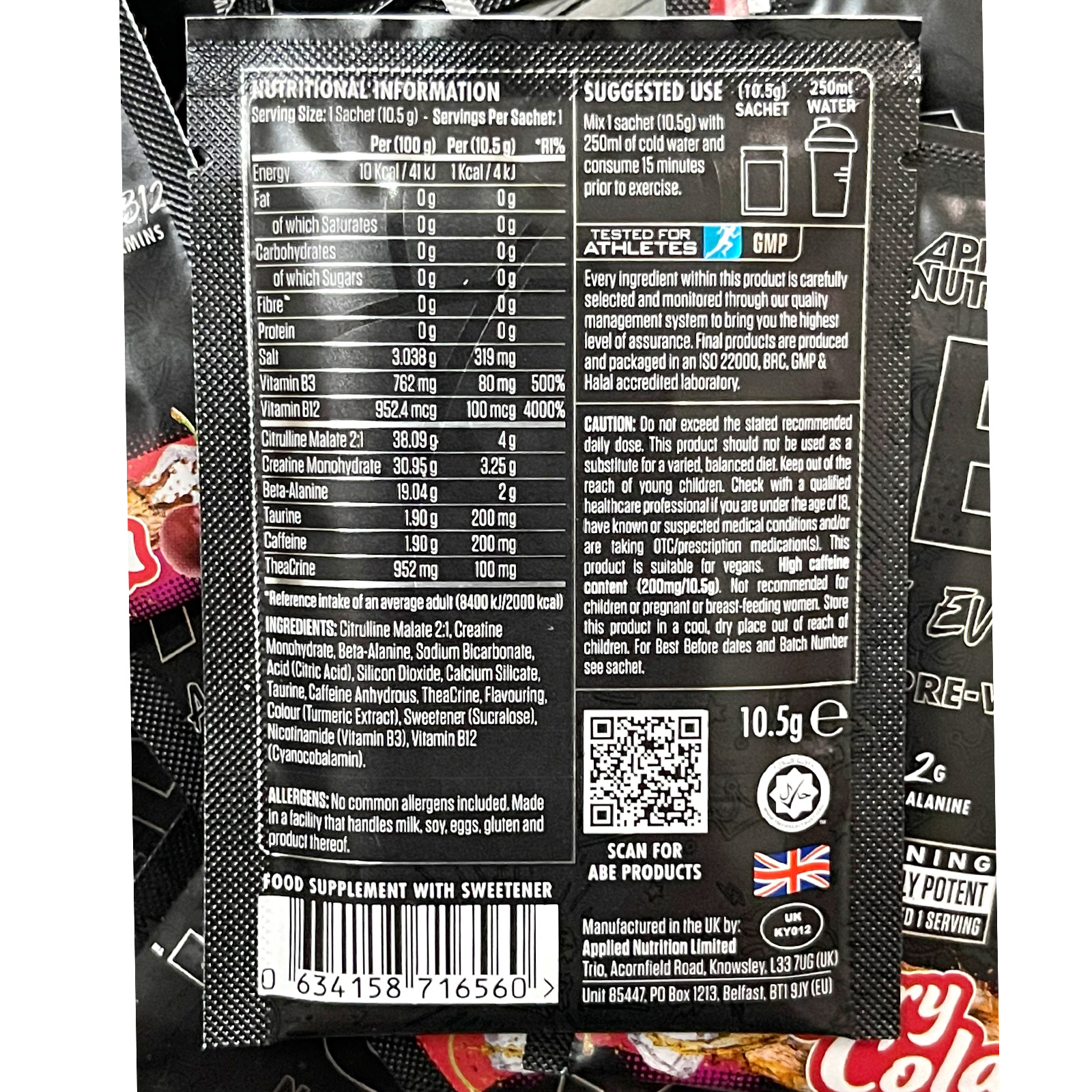 Gói dùng thử Sample - Pre workout ABE của Applied Nutrition - Tăng sức bền, sức mạnh tập luyện, tăng tỉnh táo tập trung - Hàng chính hãng