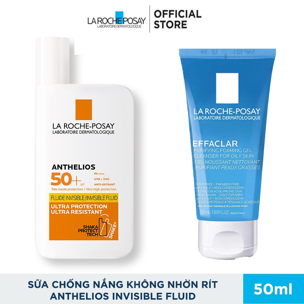 Bộ chống nắng không nhờn rít La Roche-Posay Anthelios Shaka Fluid 50ml & Gel rửa mặt cho da dầu mụn 50ml