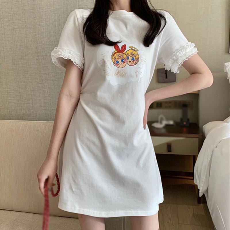 Đầm Chữ A Ngắn Tay In Họa Tiết Hoạt Hình Dành Cho Nữ