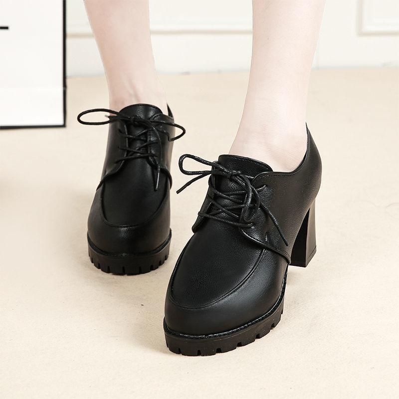 Giày boot nữ đế vuông 7 phân cột dây trơn cao cấp, bốt nữ gót vuông phong cách Korea S084