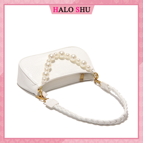 Túi xách nữ, túi cắp nách dây bện kết hợp quai ngọc giả sang trọng HALO SHU size 23 mã TX009 đen trắng