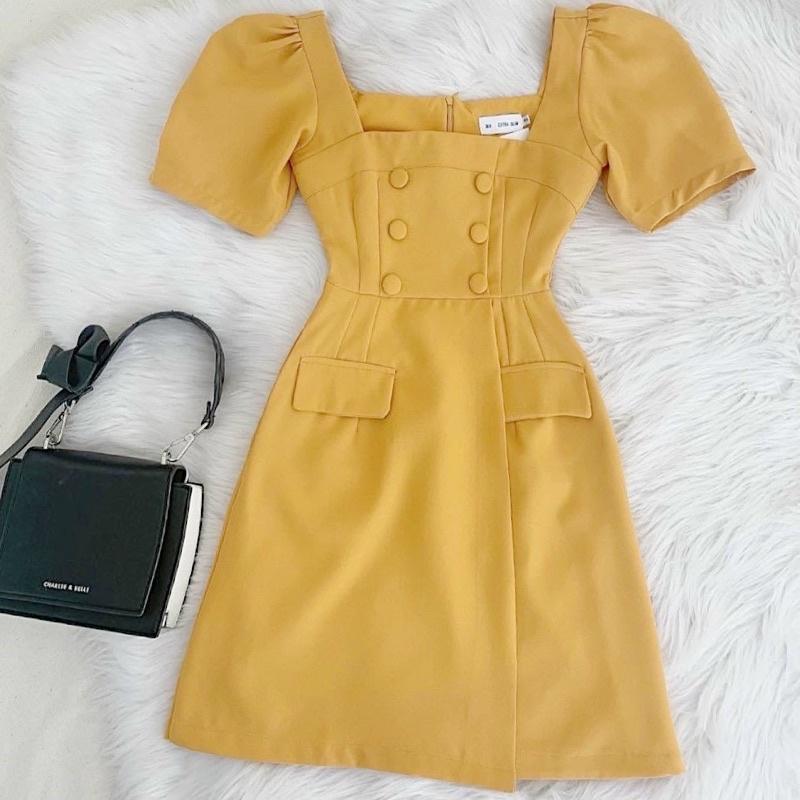 Đầm suông thời trang công sở form dáng chuẩn, dễ mặc dạo phố, đi làm hay du lịch đẹp Đầm cổ vuông nút bọc 2 màu