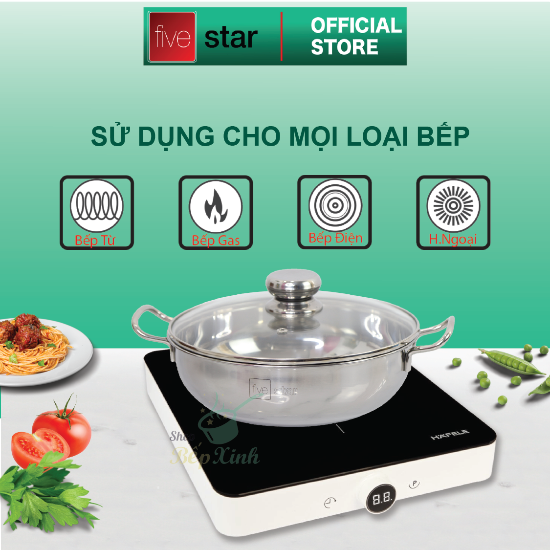 Nồi lẩu um xào inox 430 bếp từ 3 đáy Fivestar nắp kính , tặng 1 vá canh 20cm | 24cm | 26cm | 28cm | 30cm