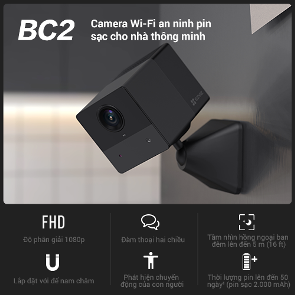 Camera IP WiFi Trong Nhà Pin sạc EZVIZ BC2 hồng ngoại không dây 2.0 Megapixel dùng Pin Sạc 2000 mAh, Đàm Thoại 2 Chiều - Hàng Chính Hãng