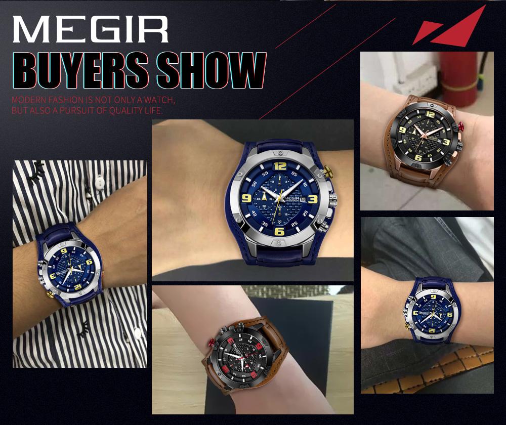 
Đồng hồ nam MEGIR 2099 Quartz Sport đeo tay đơn giản Dây da 3ATM Lịch chống nước Chronograph Bàn tay dạ quang
