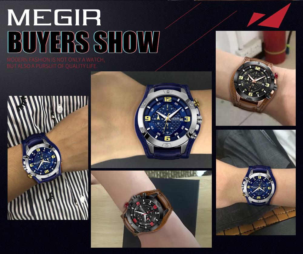 Đồng hồ nam MEGIR 2099 Quartz Sport đeo tay đơn giản Dây da 3ATM Lịch chống nước Chronograph Bàn tay dạ quang