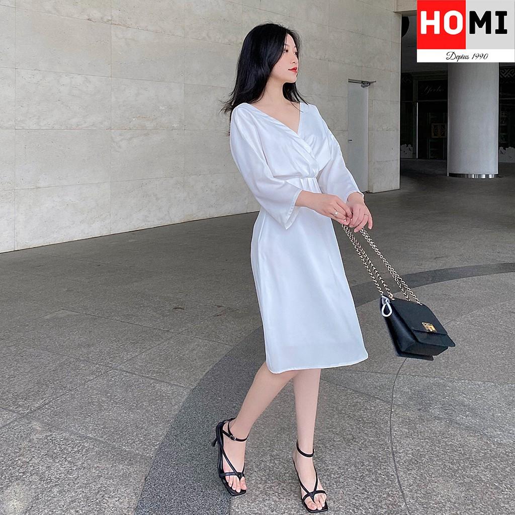 ĐẦM TRẮNG CỔ CHỮ V, đầm dạo phố HomiFashion