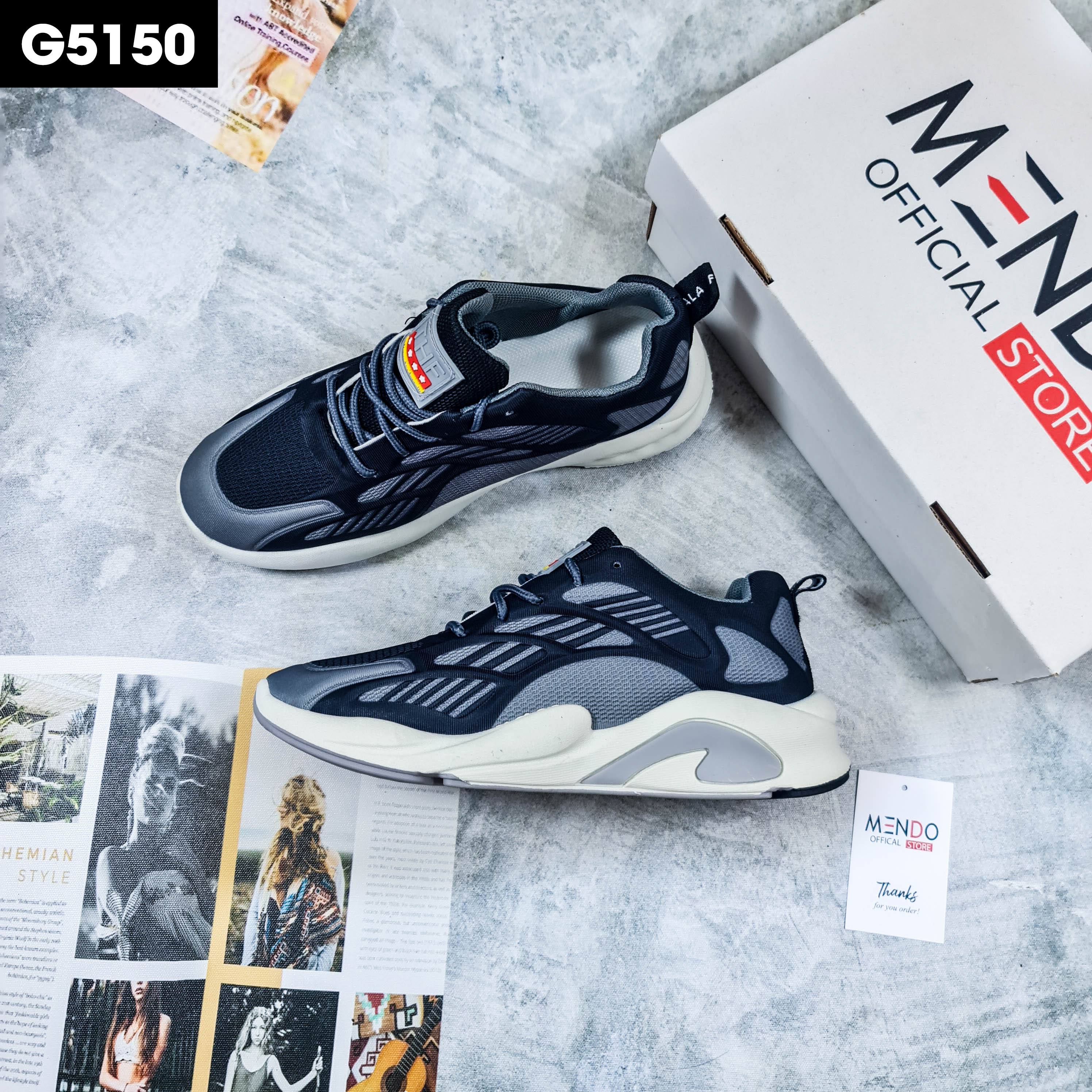 Giày Thể Thao Nam MENDO - Giày Sneaker Màu Đen Viền Xanh - Xám, Giày Thể Thao Đế Nhẹ, Vải Thoáng Khí - G5150