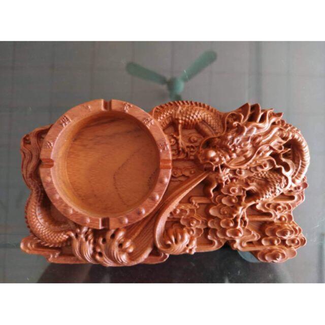 Gạt tàn thuốc gỗ hương chạm rồng tiện nguyên khối cao cấp - BẢO HÀNH GỖ 10 NĂM