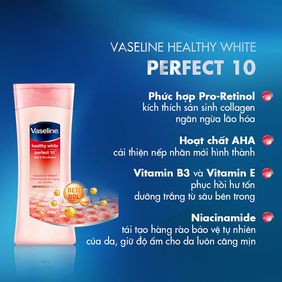 Sữa dưỡng thể Vaseline Perfect Youth ngăn ngừa lão hóa với phức hợp Pro-retinol kích thích da sản sinh Collagen và hoạt chất AHA cải thiện nếp nhăn 200ml