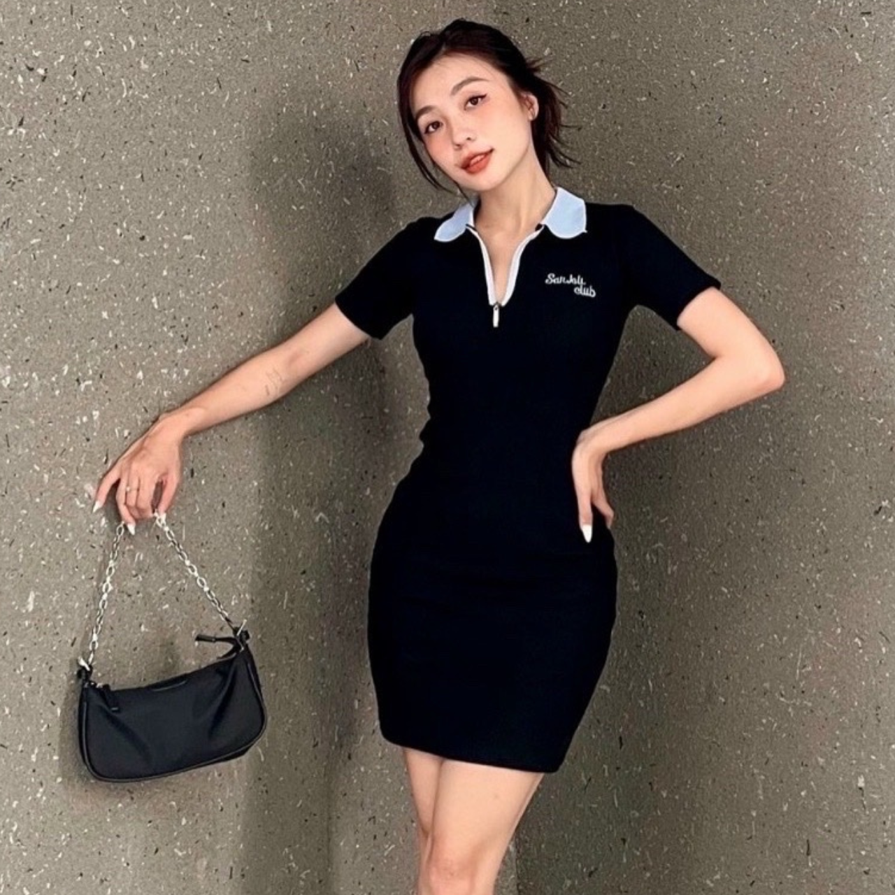 V4- Đầm polo cổ xanh có dây kéo thêu chữ chất thun mịn kiểu dáng trẻ trung nữ tính Hana