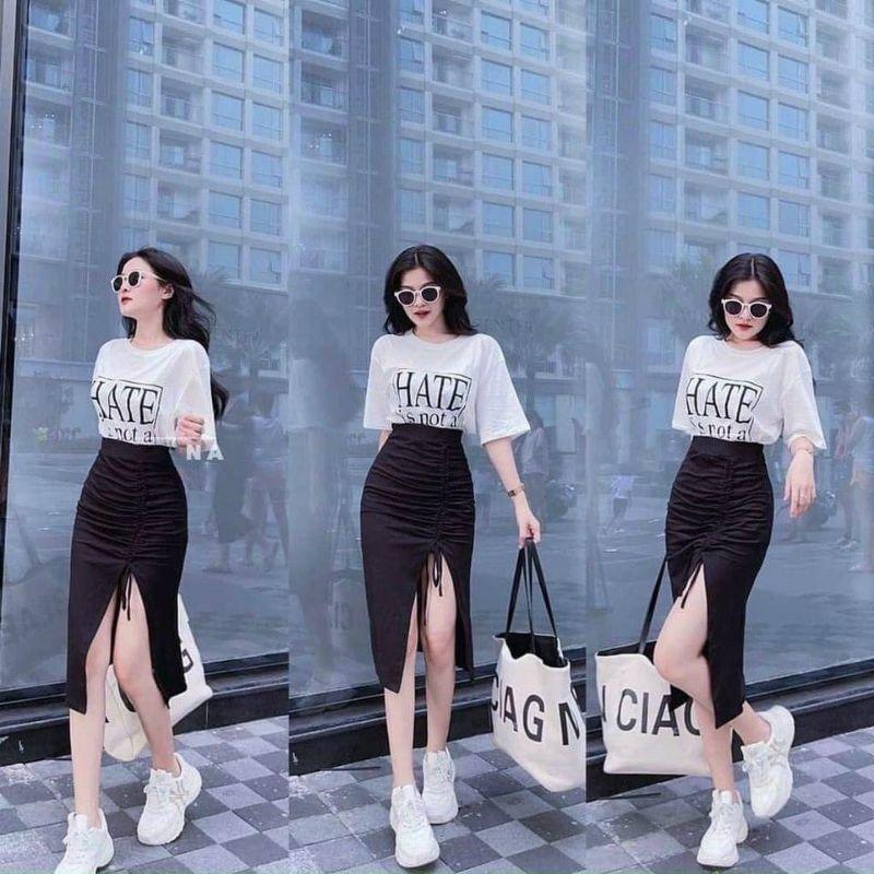 Set áo thun hate + chân váy xẻ rút Bigsize