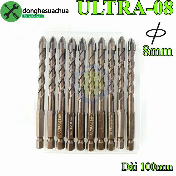 10 mũi khoan gạch men 8mm đuôi lục giác ULTRA-08 có 4 cạnh gạch-kính-thép