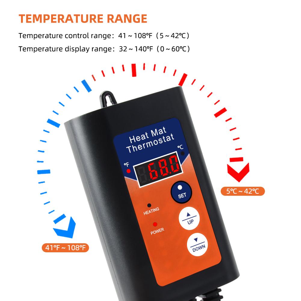 Bộ điều nhiệt kỹ thuật số Heat Mat 1000W 110V 41-108℉ Bộ điều khiển nhiệt độ với màn hình LED cho cây con Bò sát nảy mầm thủy canh Lên men