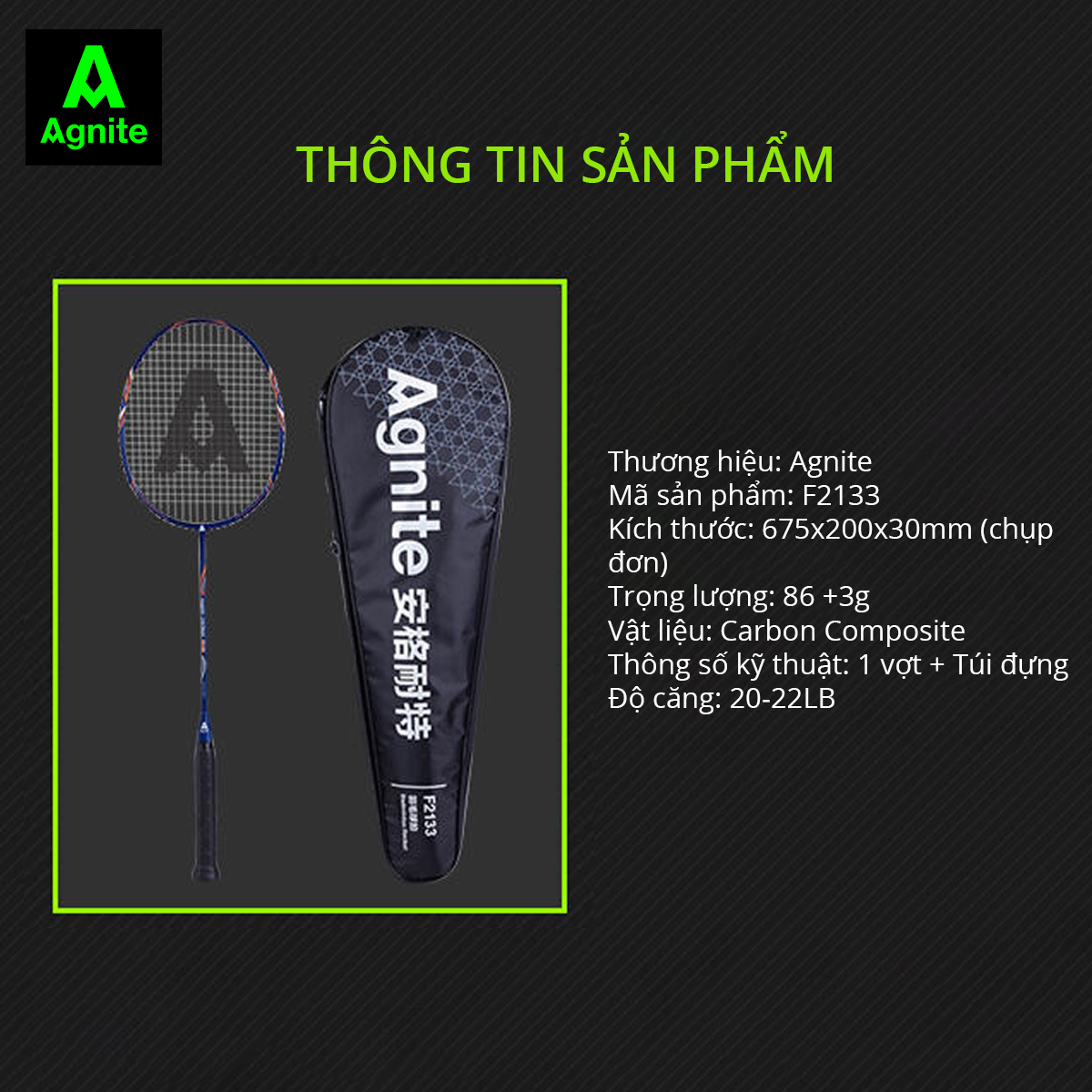 Vợt cầu lông siêu nhẹ khung carbon cao cấp Agnite - Kèm bao đựng cao cấp - 1 chiếc - Hàng chính hãng - F2115