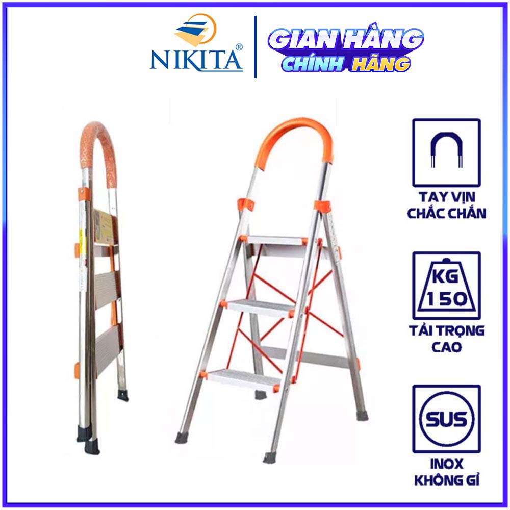 Thang ghế tay vịn gia đình xếp gọn, bậc thang to kèm tay vịn đảm bảo an toàn -Hàng chính hãng NIKITA