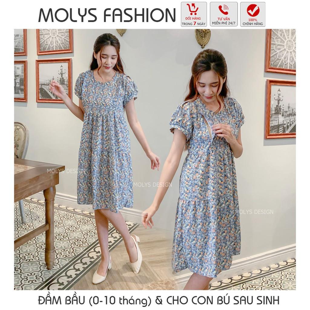 Đầm bầu kết hợp cho con bú sau sinh dáng babydoll ba tầng hoa nhí bèo ngực MOLYS VM6644 cúc điều chỉnh mặc hết thai kỳ