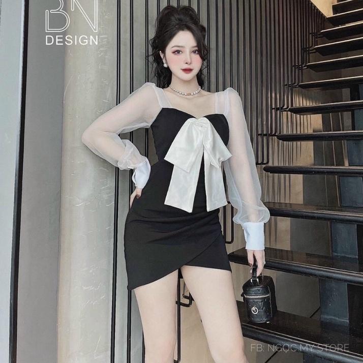 Váy đầm nữ tay lưới dài cổ đính nơ dễ thương