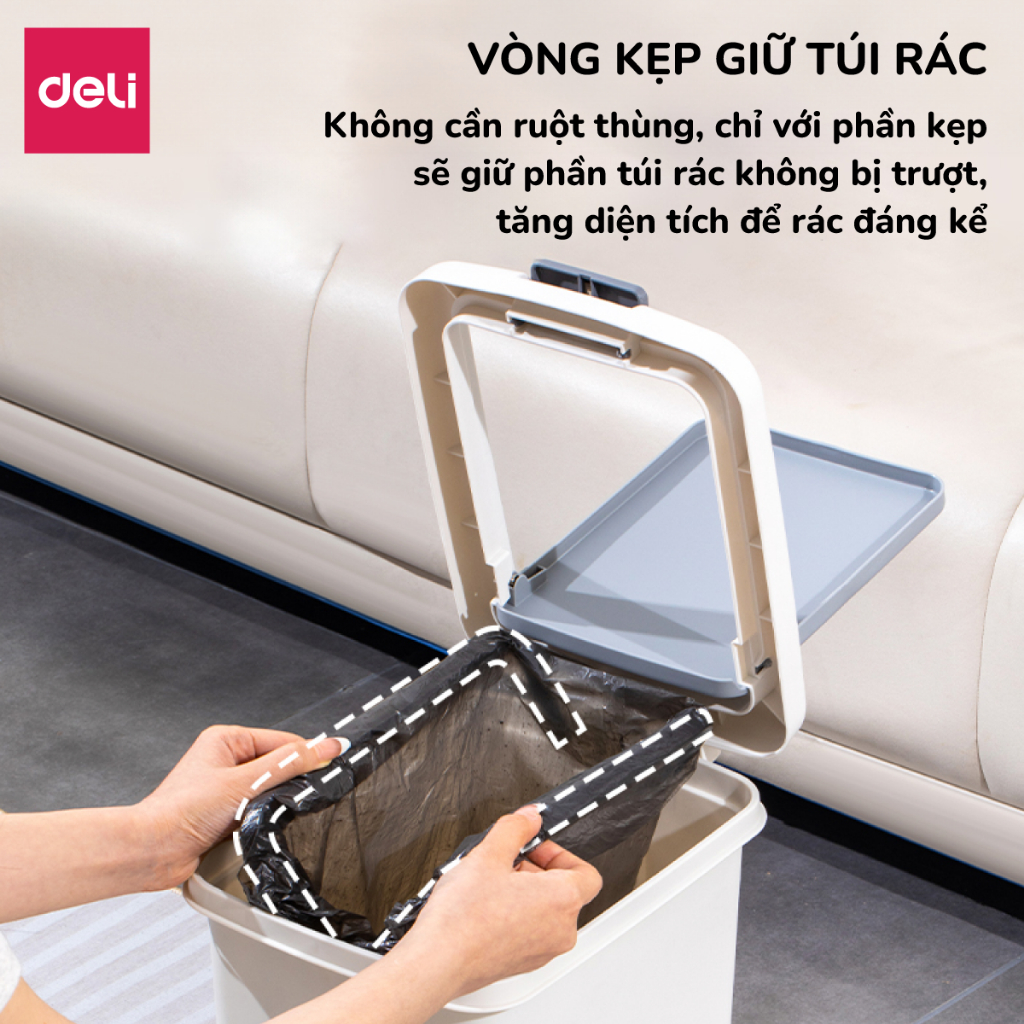 Thùng rác đạp 10,15L mở 2 cách có kẹp túi Deli Thùng rác nắp bật nhấn nút sọt rác phòng khách phòng ngủ