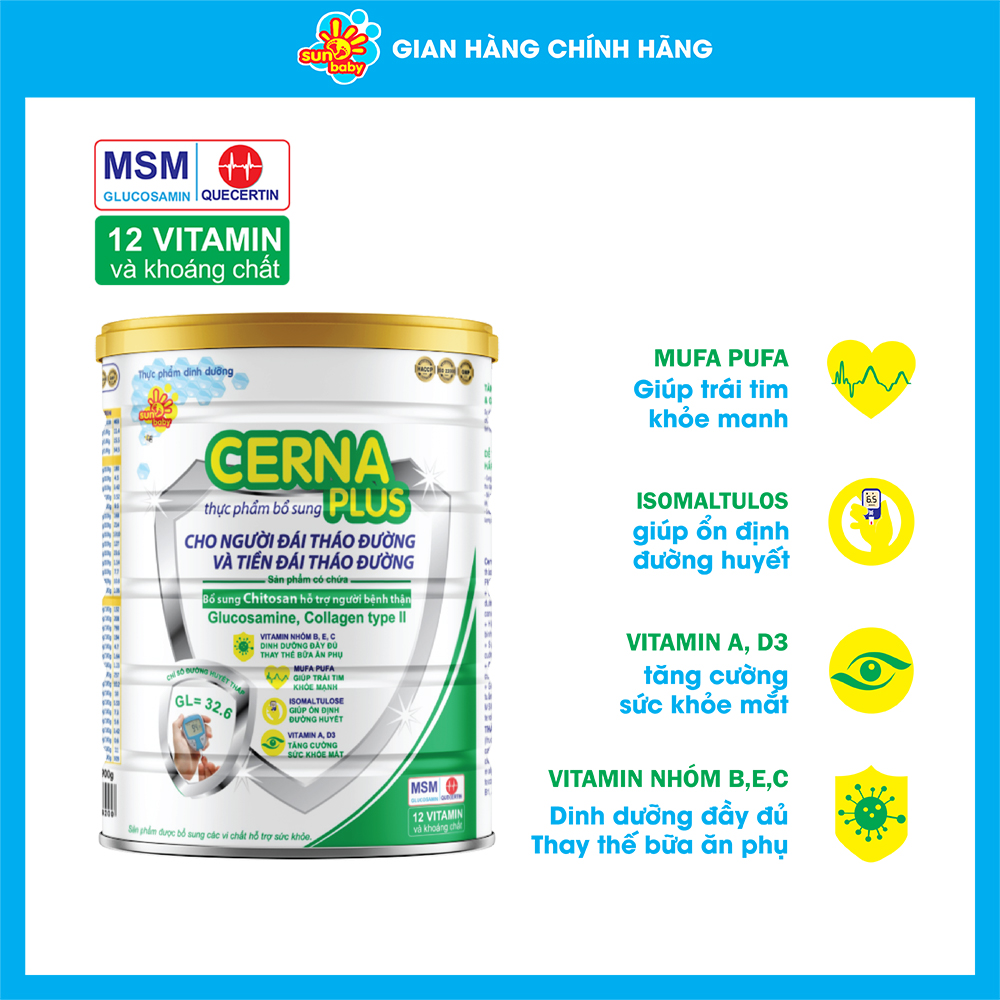 [MUA 2 TẶNG 1] Sữa bột Cerna Plus cho người tiền đái tháo đường và đái tháo đường (900g) Sunbaby