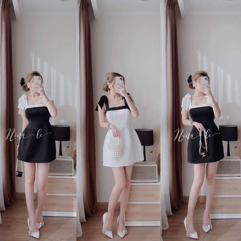 ĐẦM 2 DÂY THẮT NƠ PHỐI MÀU ĐEN TRẮNG