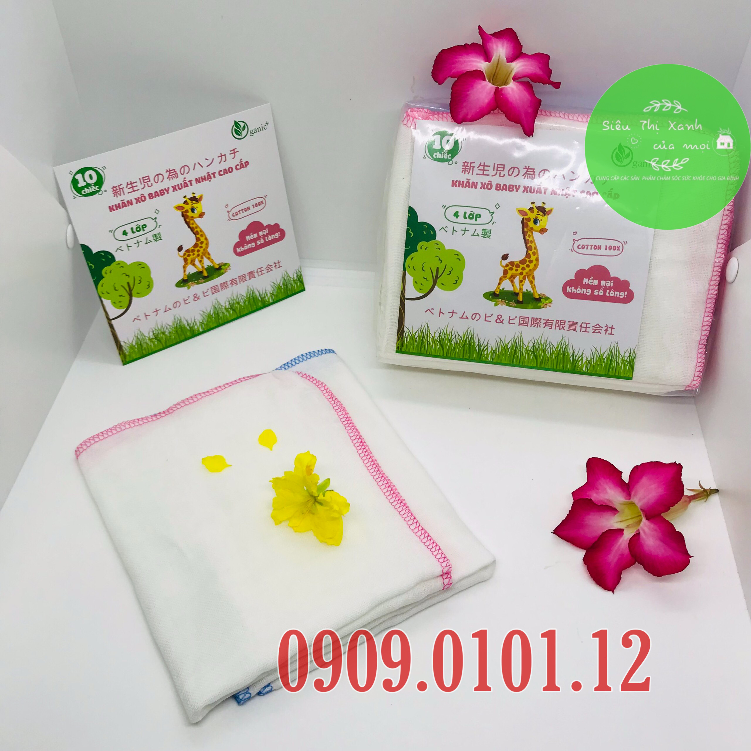 Khăn sữa baby, khăn xô đa năng cao cấp 100% cotton tự nhiên dày 4 lớp mềm mịn không xù lông set 10 cái