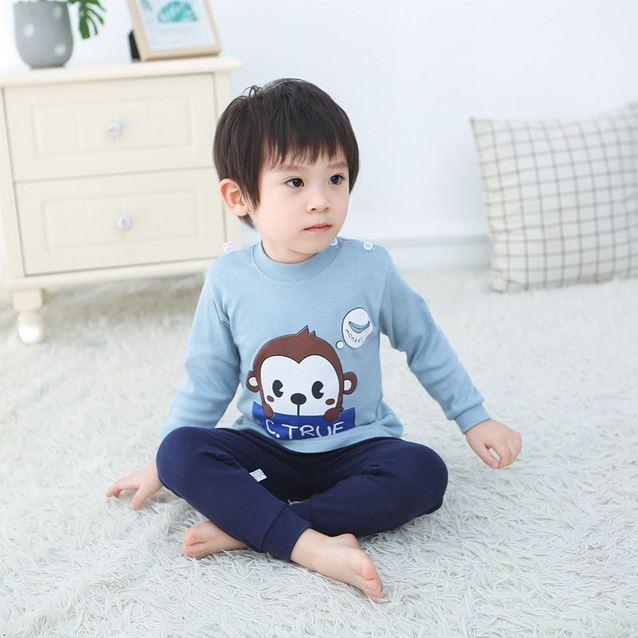 Bộ Quần Áo Thun Cotton Thu Đông Dài Tay Cho Bé Trai Màu Xanh Khỉ Con - Me Yeu Con 1102 - Từ 7 - 27 Kg