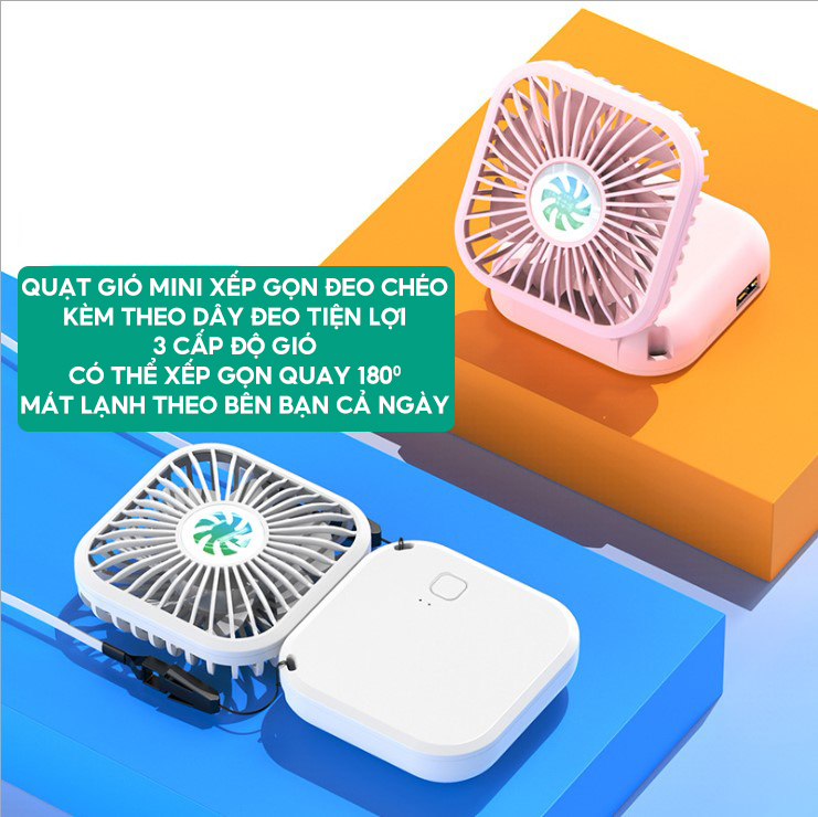 Quạt Tích Điện Mini Xếp Gọn 5 Cánh Dung Lượng Pin 800mah Kèm Dây Đeo Cổ Tiện Lợi Khi Đi Du Lịch