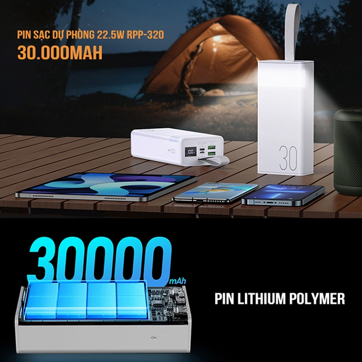 Pin Sạc Dự Phòng 30000mAh 22.5W Remax RPP-320 - Sạc Nhanh QC 22.5W Và PD 20W - Sạc Nhanh 3 Thiết Bị Cùng Lúc - Hàng Chính Hãng