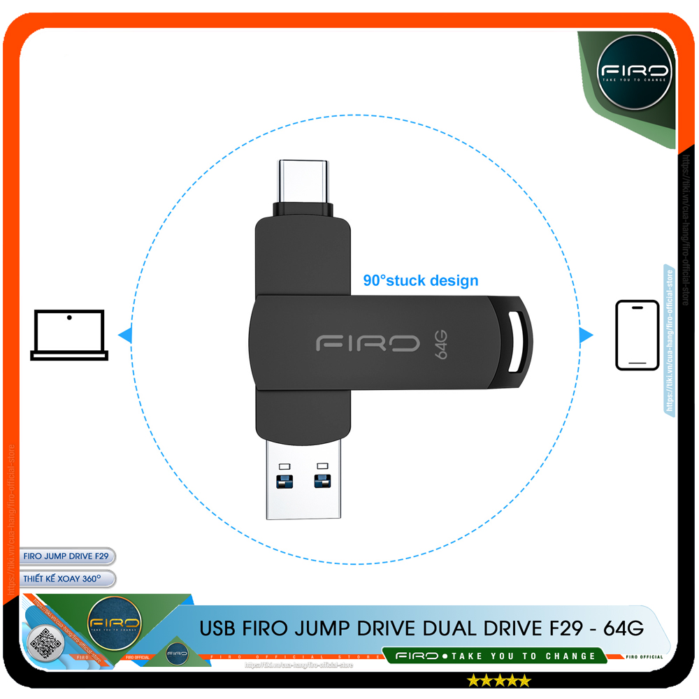USB FIRO Jump Drive Dual Drive F29 Type-C / Type-A - USB 3.1 32GB / 64GB, Tốc Độ Đọc 130Mb/s, Tương Thích MAC / PC - Hàng Chính Hãng