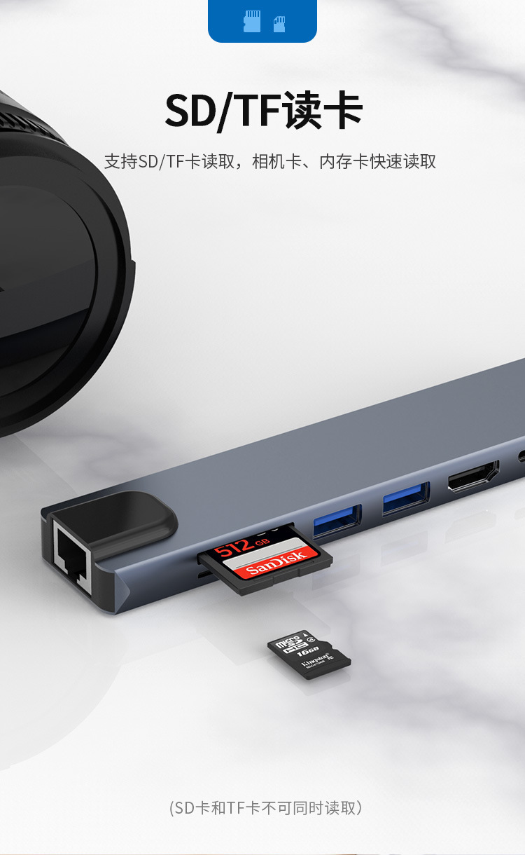 Bộ Chuyển Đổi Hub USB C Hub 8 Trong 1 Type C 3.1 Sang 4K RJ45 Đọc Thẻ SD / TF Cho MacBook Notebook Laptop Máy Tính-Hàng Chính Hãng