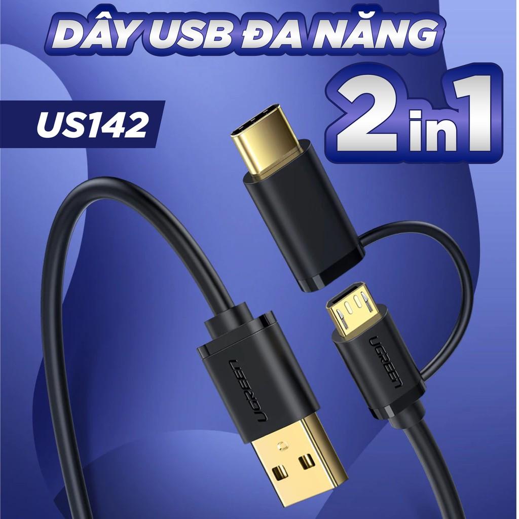 Dây USB đa năng 2 trong 1 đầu ra Micro-USB và USB Type-C UGREEN US142 - Hàng Chính Hãng