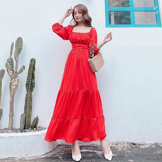 Maxi trơn tay lỡ xếp tầng phối ngực xếp ly