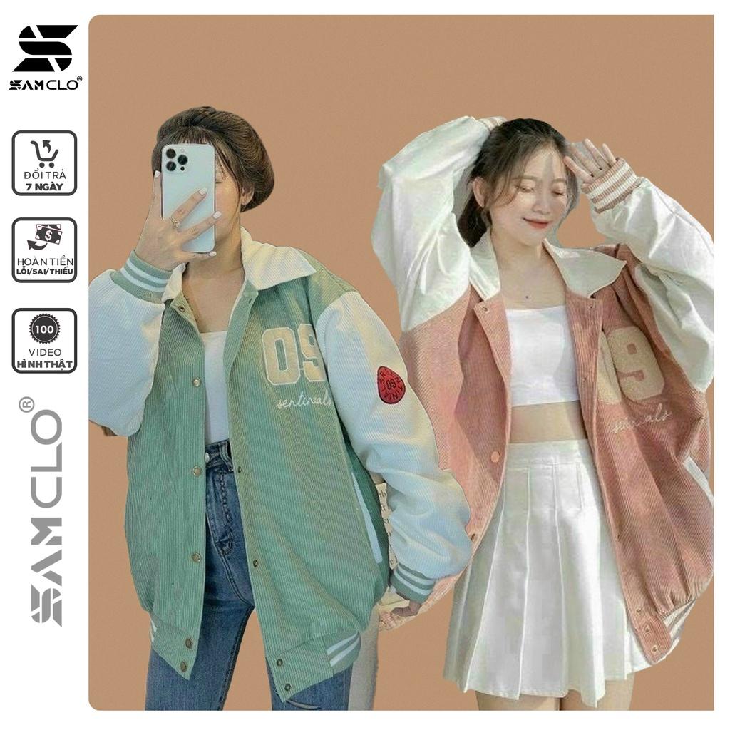Áo khoác NHUNG bomber CÀI NÚT freesize SAM CLO form rộng nam nữ unisex mặc cặp - couple CÓ CỔ thêu số 09
