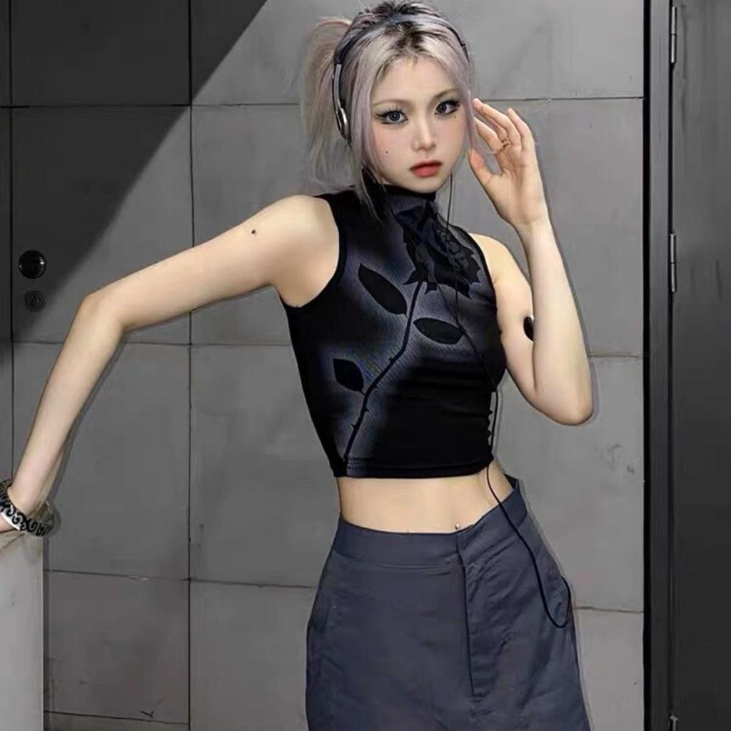 Áo croptop sát nách PINKSTORE29 dáng ôm body, cổ lọ, in hoa hồng cực chất A5580