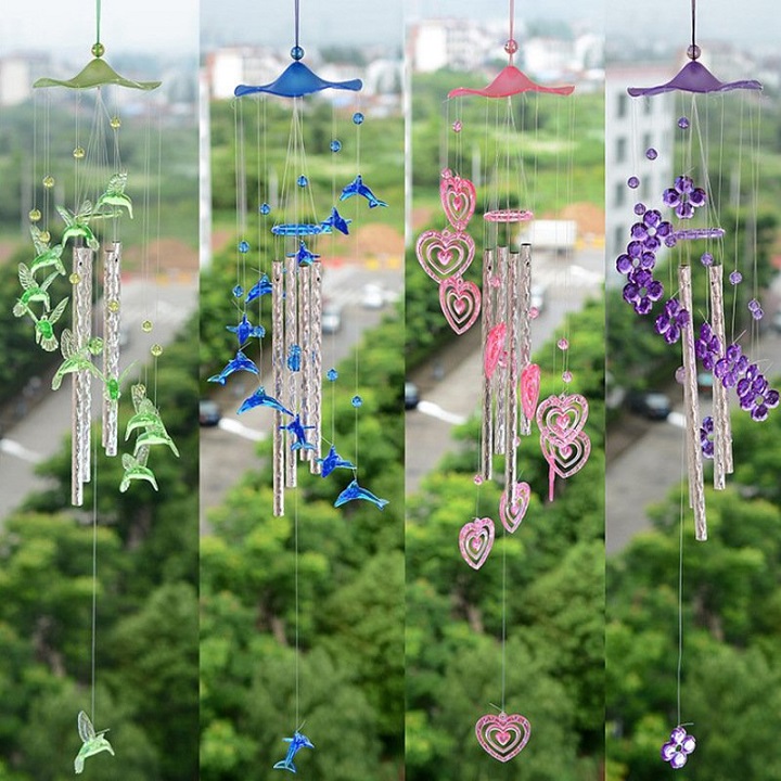 Chuông gió trái tim hồng đáng yêu 4 thanh kim loại