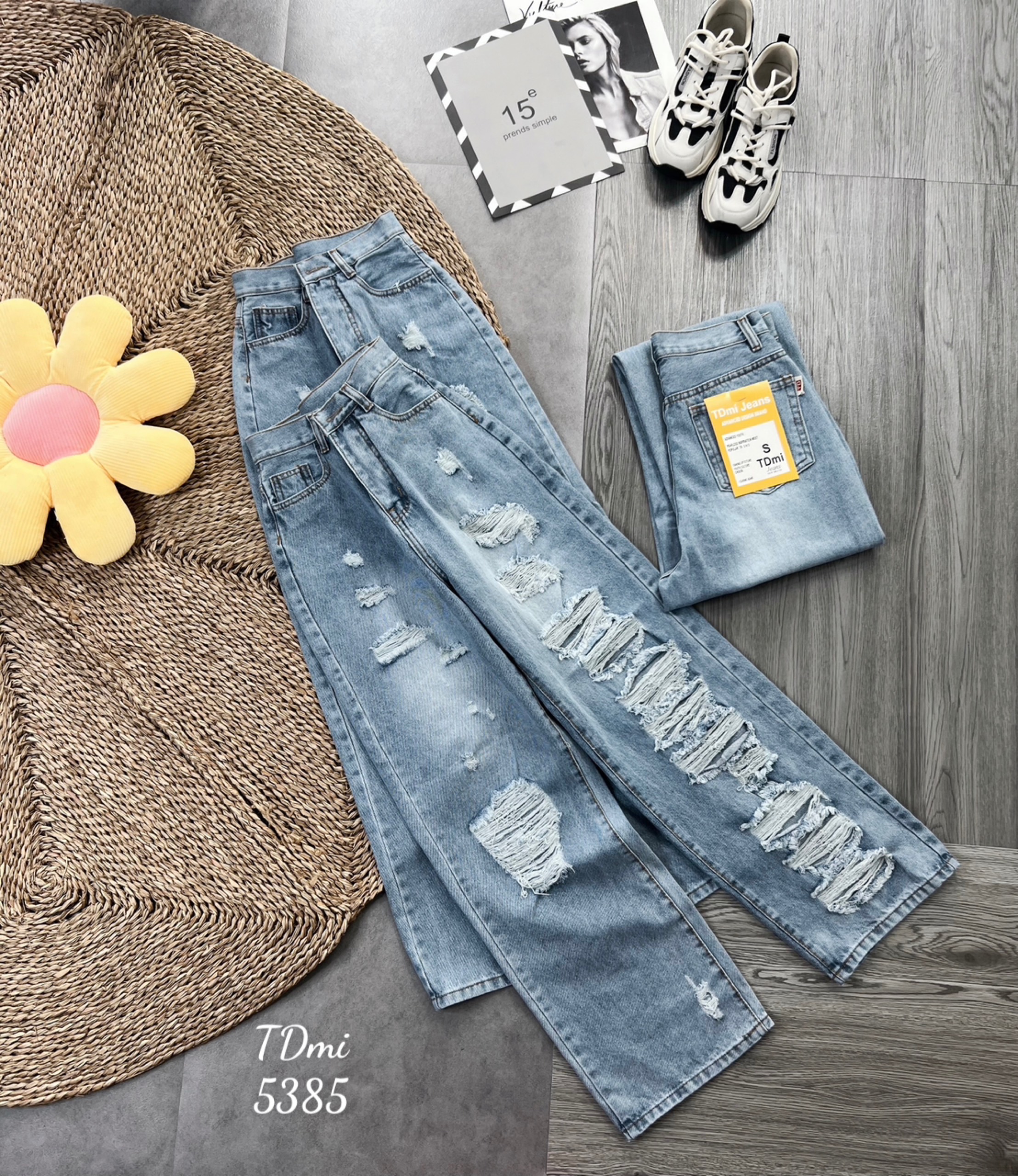 Quần Baggy Jean Nữ Lưng Cao Rách Kiểu Lai Cuốn Vải Bò Nữ Ulzzang Phong Cách Thời Trang