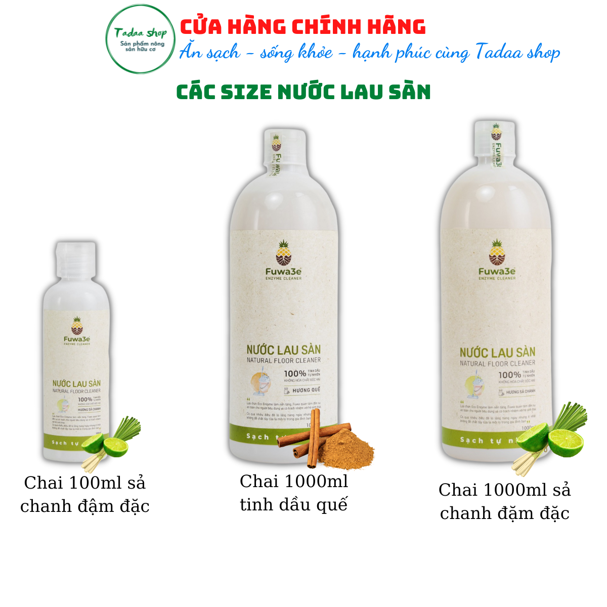 Nước lau sàn Enzyme sinh học Fuwa3e hương sả chanh chai 100ml