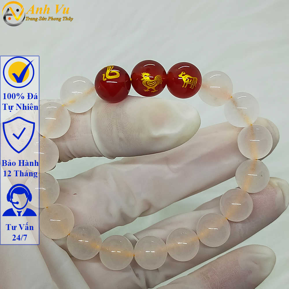 Vòng tam hợp tỵ dậu sửu chất liệu đá mã não trắng - Vòng tay phong thủy mệnh kim cho nữ - May mắn tài lộc