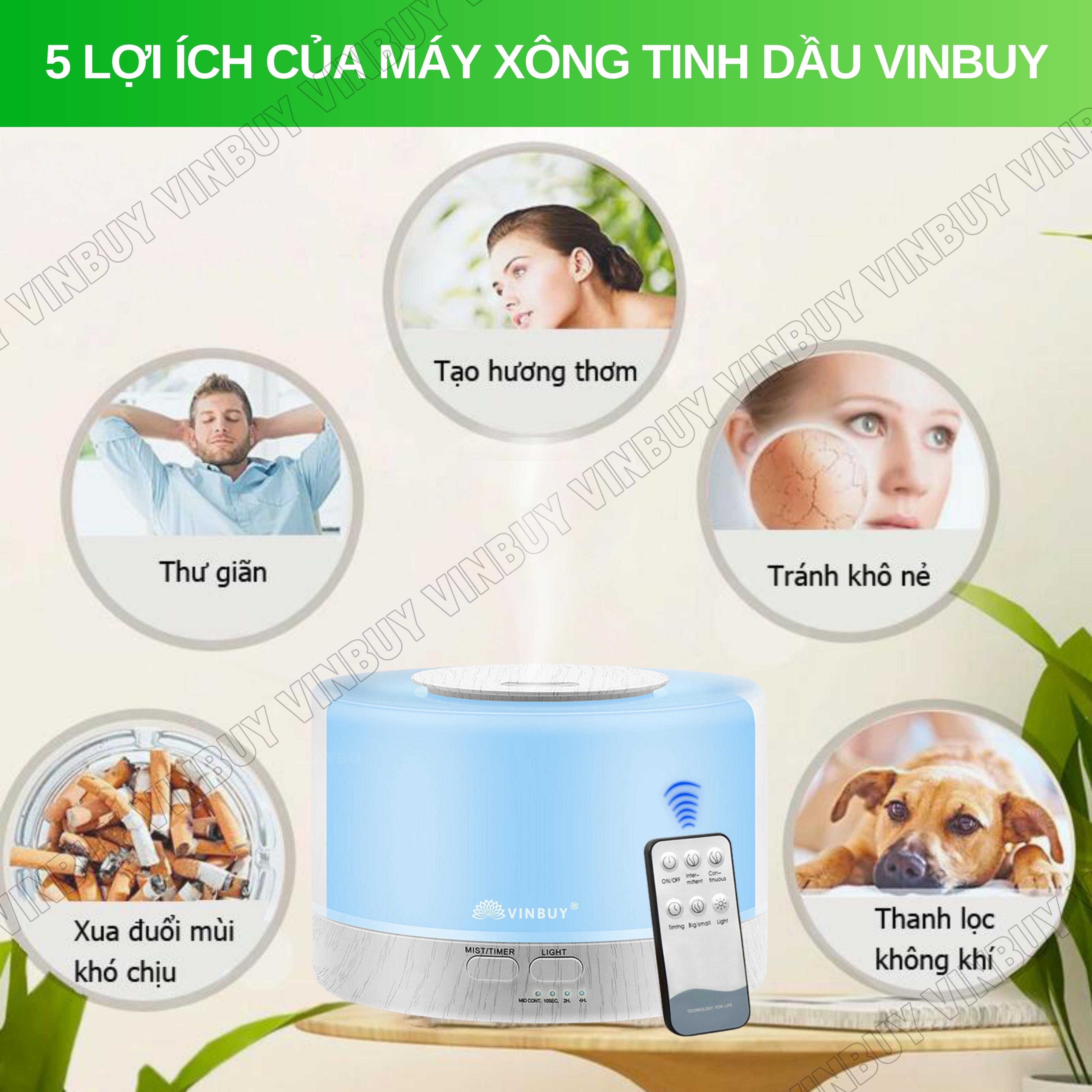 Máy xông tinh dầu VINBUY, khuếch tán tinh dầu, phun sương tạo ẩm, xông tinh dầu phòng ngủ, spa, tự động, dung tích lớn led 07 màu - Hàng chính hãng