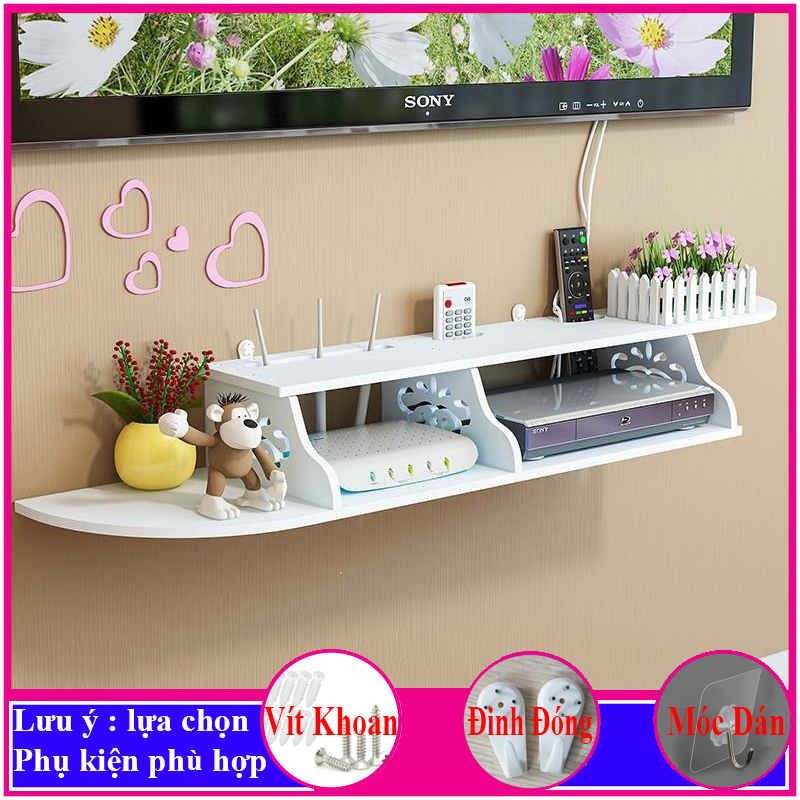 Kệ treo tường, kệ tivi kệ đặt modem wifi, đầu thu kỹ thuật số, remote, điện thoại, chất liệu gỗ Pitech cao cấp màu trắng - a15
