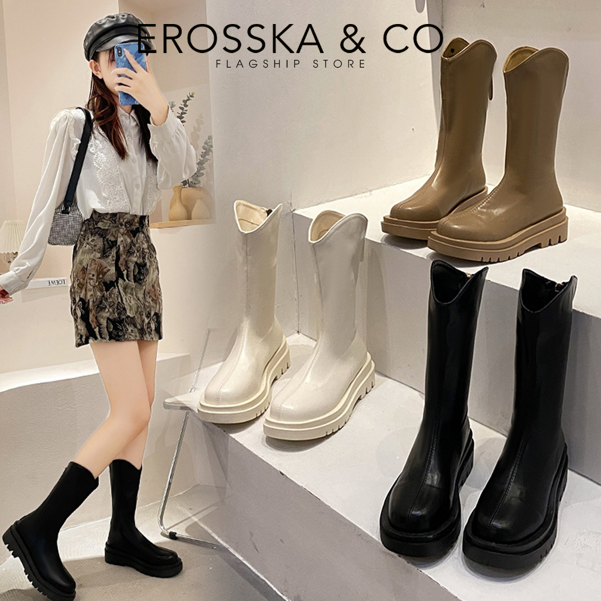 Erosska - Giày boot cổ cao mũi tròn có khoá kéo phong cách cá tính cao 5cm - GB009
