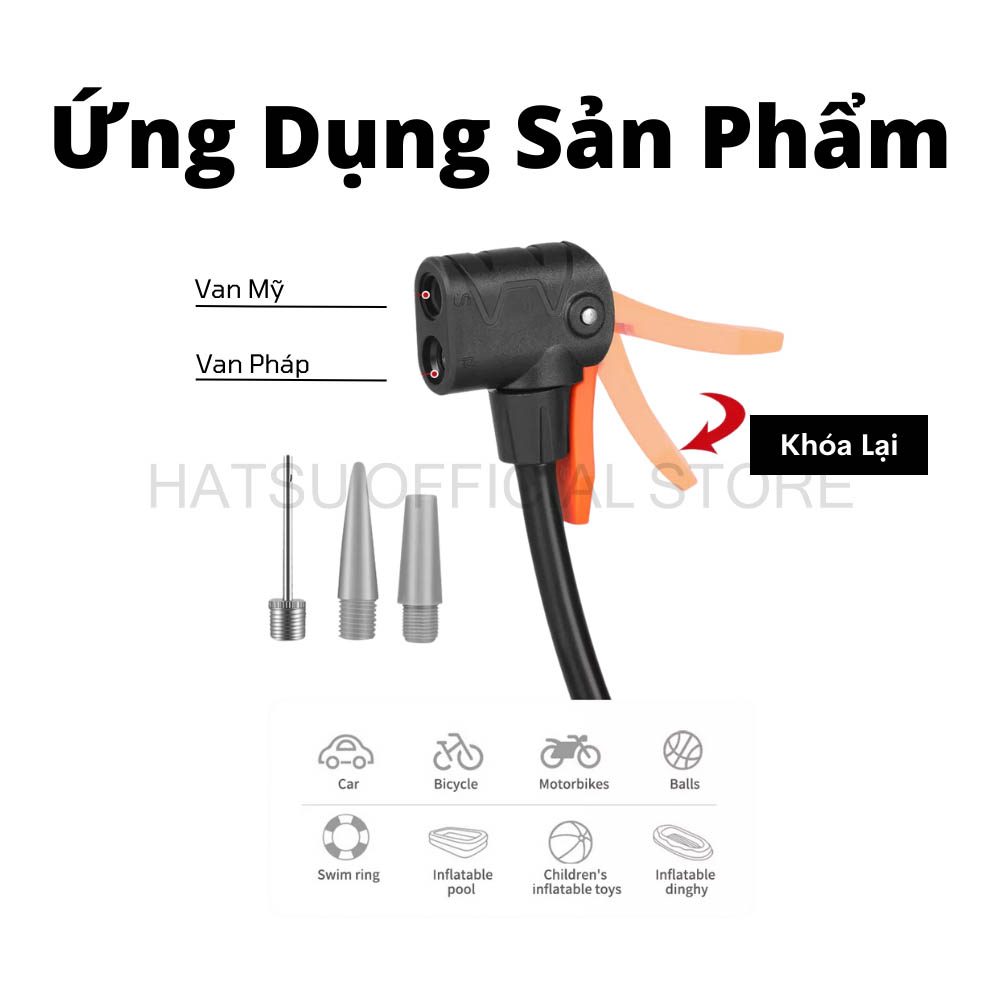 Bơm xe đạp xe máy đạp chân áp suất cao HATSU XTBB, Bơm máy bơm hơi di động chân đế chống trượt - bơm siêu nhẹ dễ di chuyển