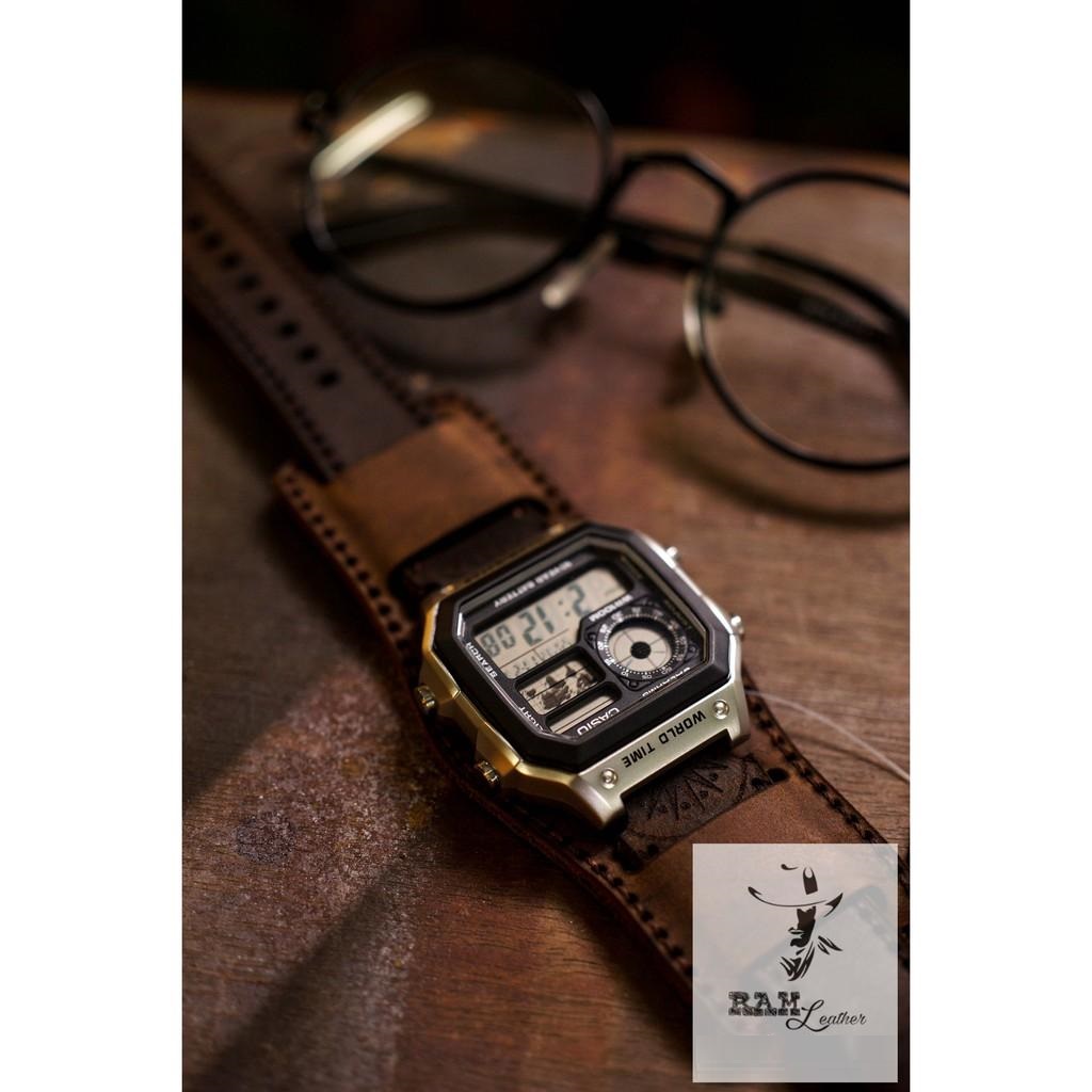 DÂY ĐỒNG HỒ TRỐNG ĐỒNG  DÀNH CHO CASIO AE1200 DA BÒ THẬT BUNDSTRAP B2+DARK BROWN