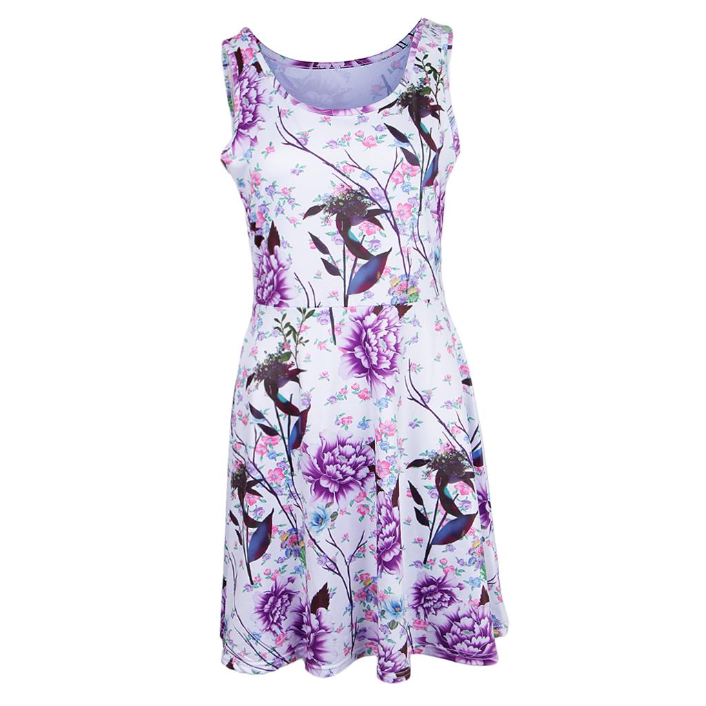 Women Floral Dress Summer Sleeveless Round Neck Casual Flared Midi Dress