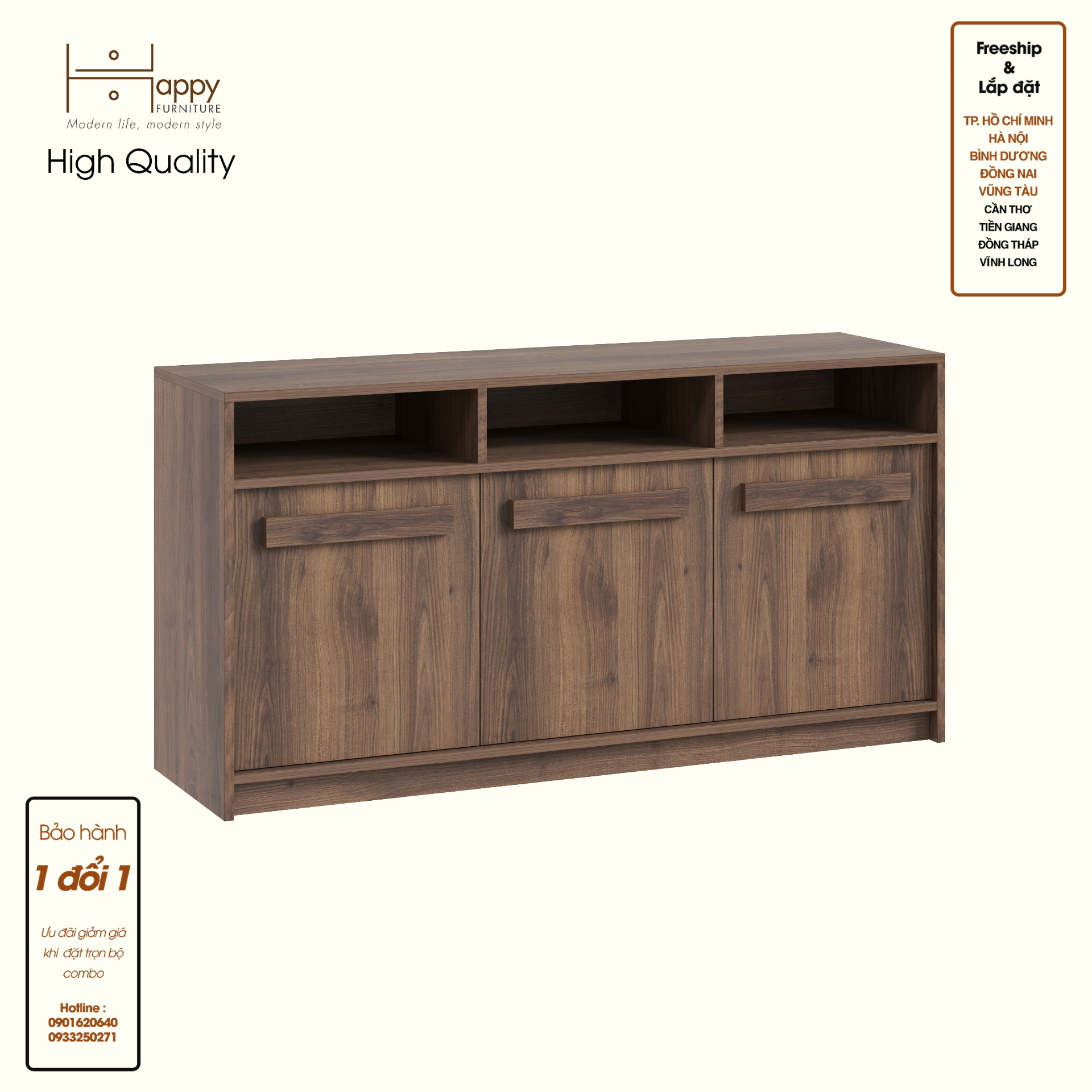 HAPPY FURNITURE , Tủ lưu trữ 3 cửa mở - RUBEL, TCM_225, 140cm x 40cm x 72cm DxRxC