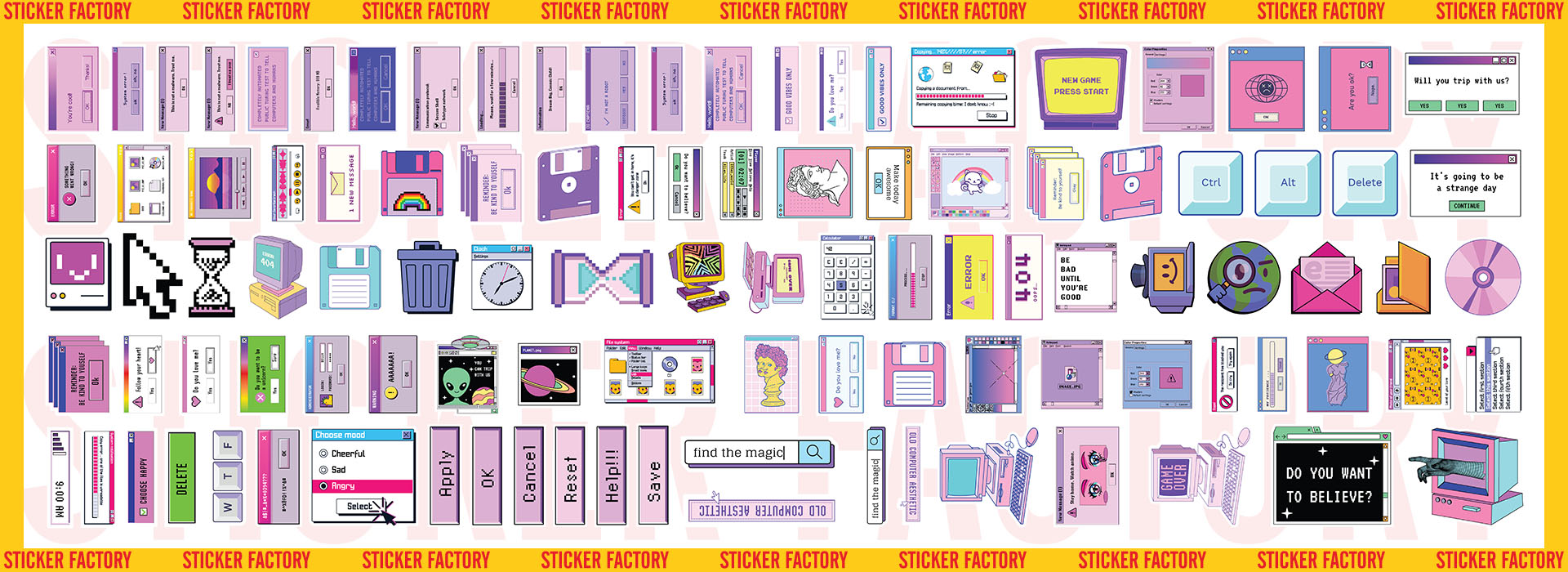 Retro Computer - Set 100 sticker decal hình dán nón bảo hiểm, laptop, xe máy, ô tô - STICKER FACTORY