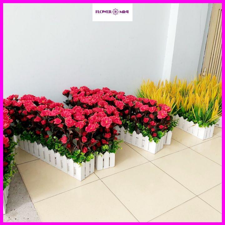 Giỏ hoa cỏ giả hàng rào gỗ dài 50cm cắm sẵn quả cherry đỏ, cây giả nhiều mẫu trang trí nhà cửa đẹp Flowermini GH-02