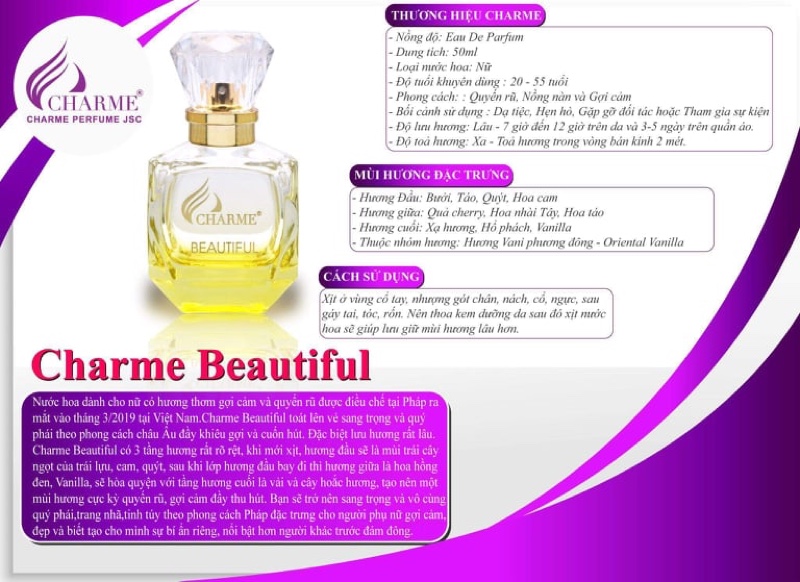 Nước hoa nữ chính hãng, Charme Beautiful, mùi hương ngọt ngào, dịu nhẹ, quyến rũ, cuốn hút, 50ml