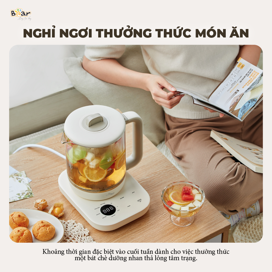Bình Pha Trà BEAR 1,5L Thủy Tinh Đun Nước Giữ Nhiệt, Hẹn Giờ, Có Lưới Lọc, công suất 1000W - SB - PT15K-Hàng Chính Hãng